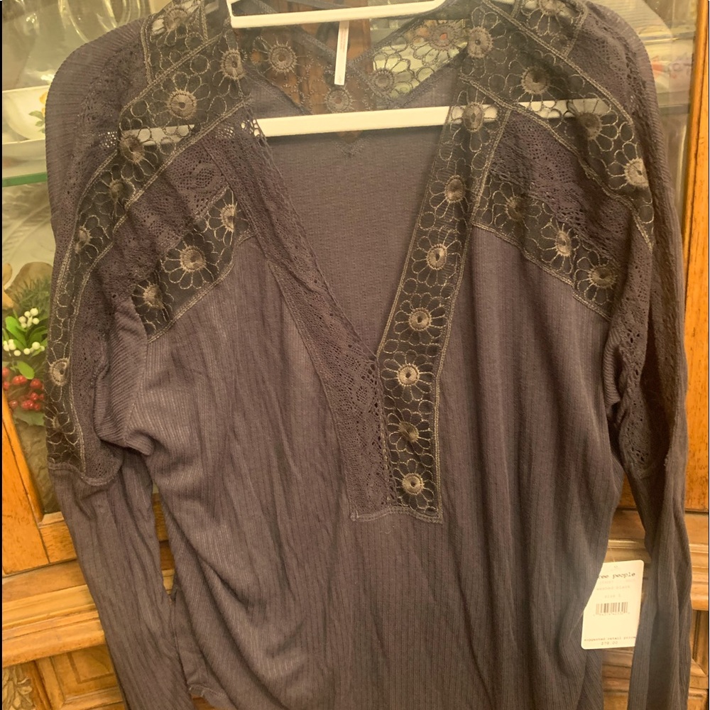 New with Tags Free People lacy long sleeve top dark grey or Ivory